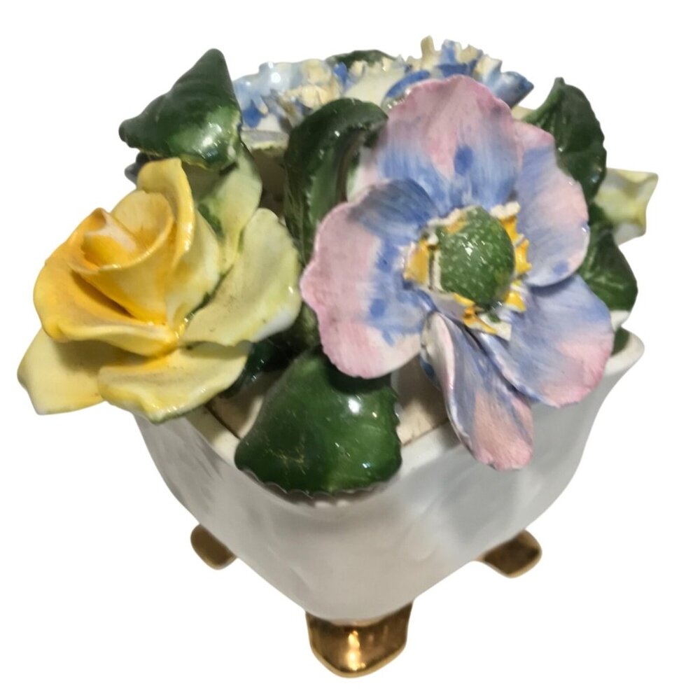 Sandford Floral Arrangement Footed 24K Gold Accents Blue Yellow England